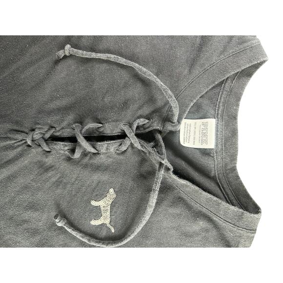 Victorias Secret- cotton Tee- XS- black- preowned- gray sequin back- front ties - Picture 2 of 6